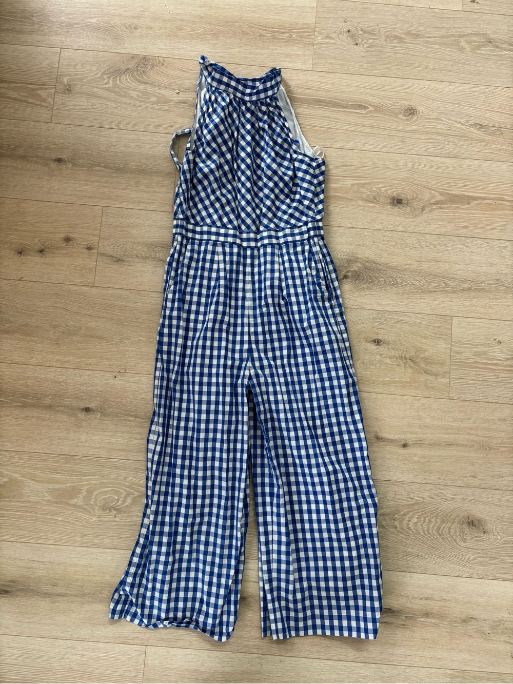 J. Crew Blue and White Gingham Plaid Wide Leg Jumpsuit